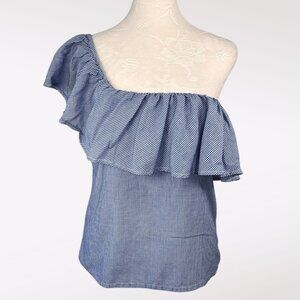 Joe’s Collection One Shoulder Ruffle Gingham Top Blue White Size Small